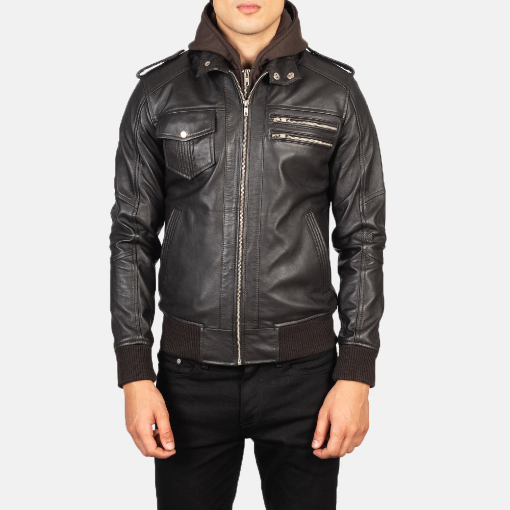 Bravado Brown Hooded Leather Bomber Jacket - Kualited