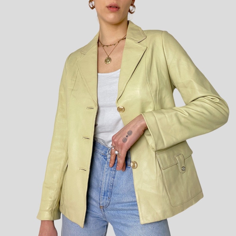 Vintage Cream Soft Genuine Leather Button Closure Blazer