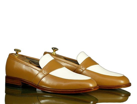 Handmade Men's Tan White Leather Penny Loafer Shoes, Men Dress Fashion Shoes