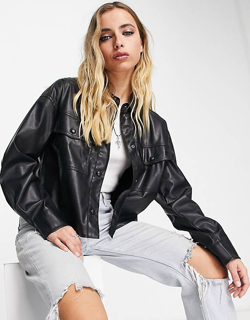 Only long sleeve cropped Genuine Pure leather shirt in black