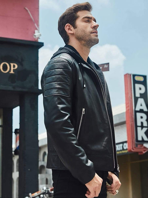 Men’s Black Leather Removable Hood Biker Jacket