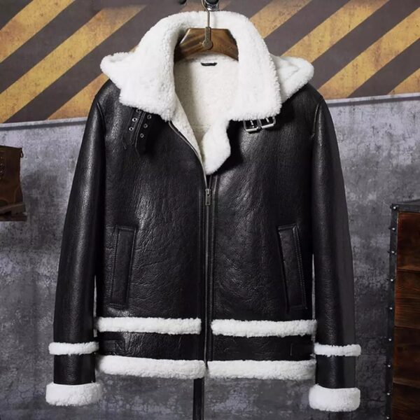 Men’s Aviator Removable Hood Black Leather White Shearling Jacket - Kualited