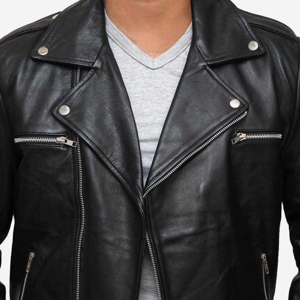 Negan Black Asymmetrical Belted Moto Leather Jacket For Men