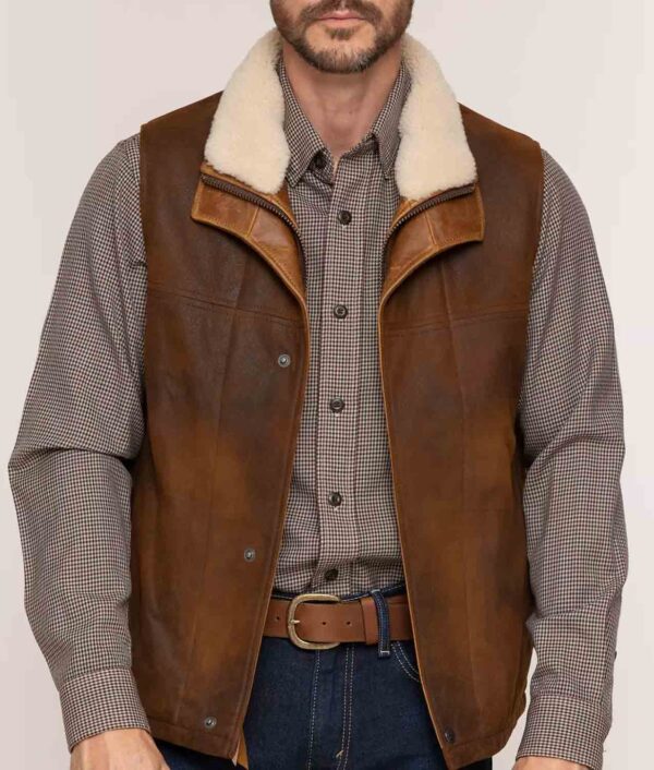 Men’s Brown Leather Vest Removable Shearling Collar