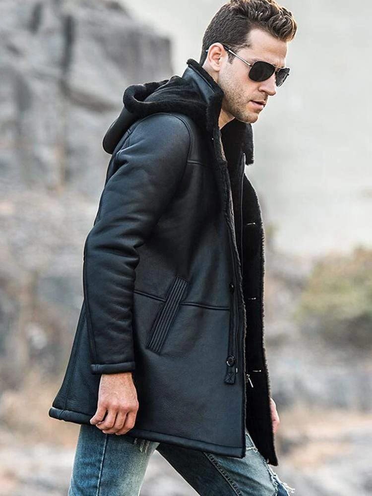 Men’s Black Shearling Hooded Long Coat - Kualited