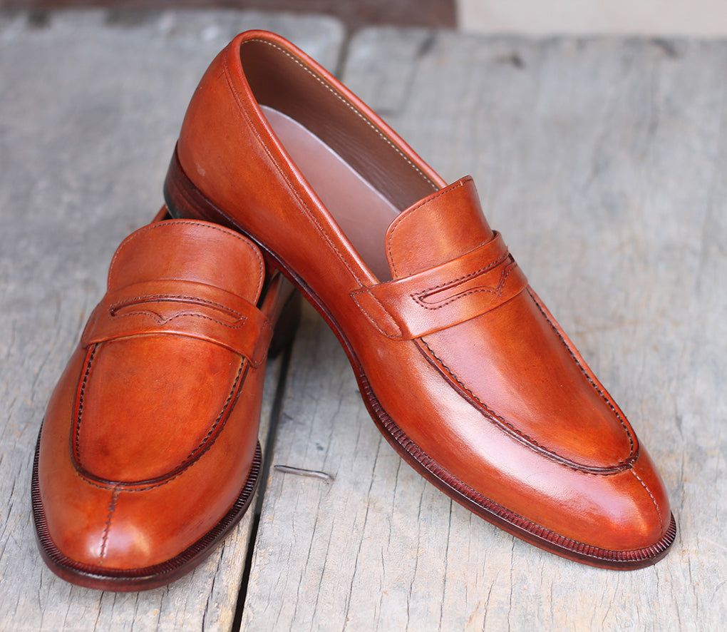 Handmade Men's Tan Leather Penny Loafer Shoes, Men Designer Formal Dress Shoes