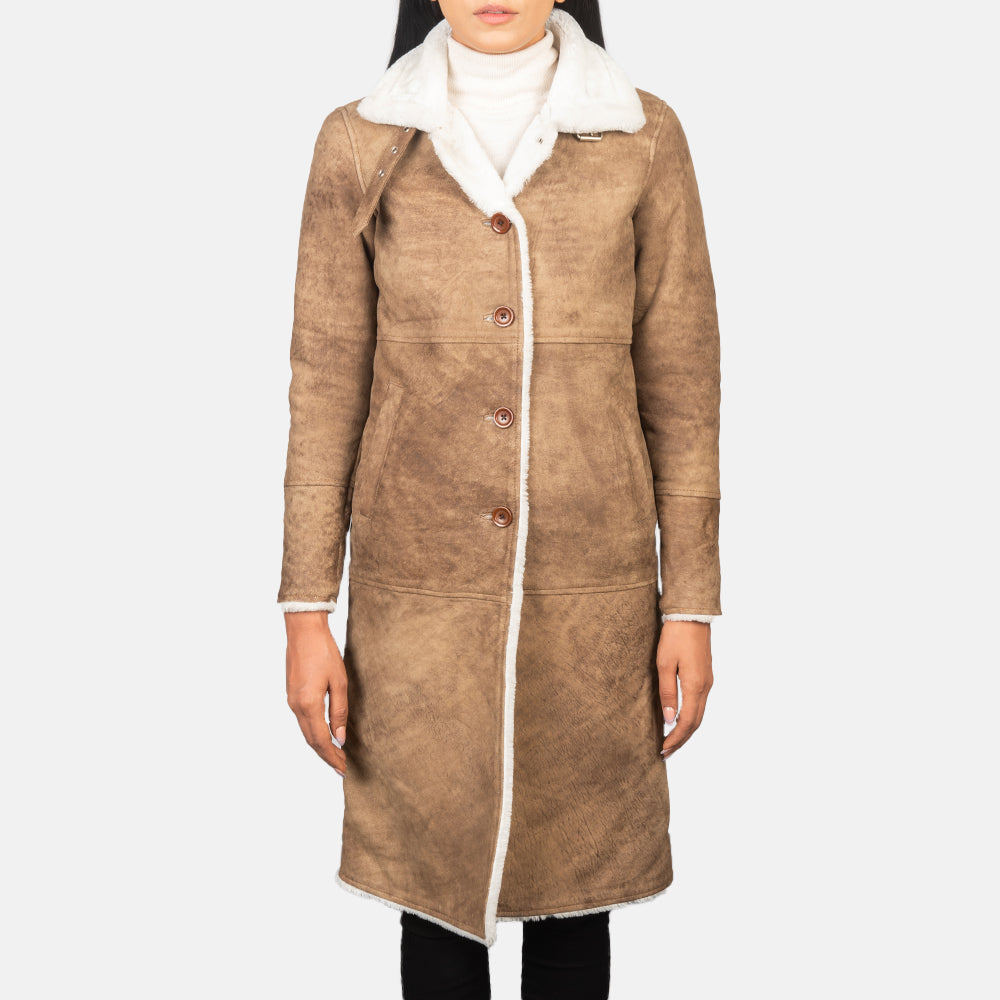 Alina Shearling Brown Leather Coat - Kualited