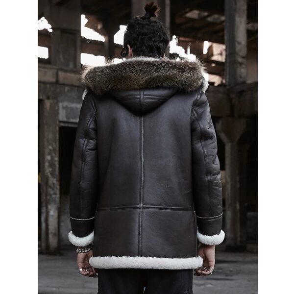 Men’s Black Leather White Shearling Removable Hooded Long Coat - Kualited