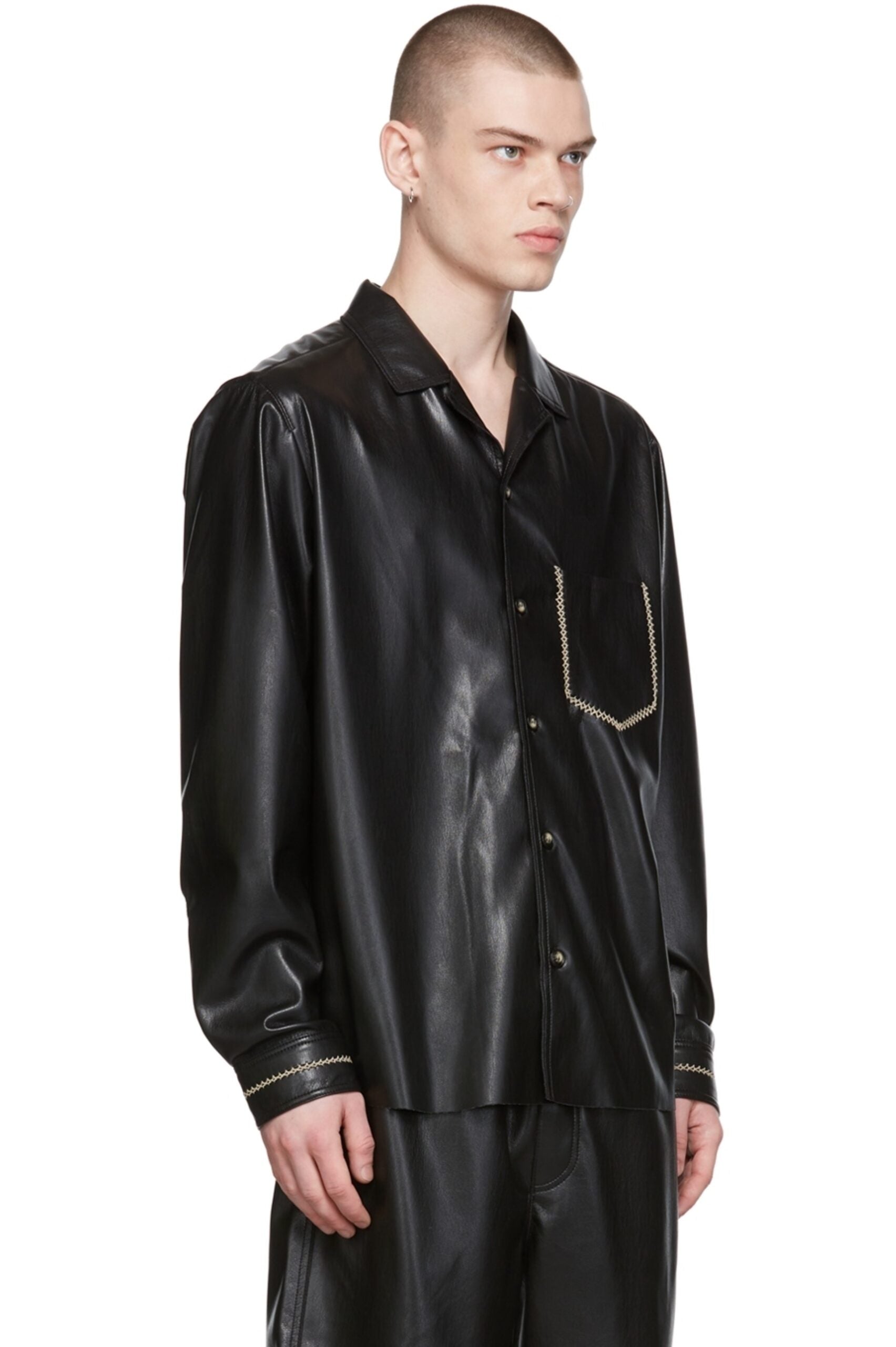 Men’s Black Leather Full Sleeves Shirt Lace Pocket - Kualited