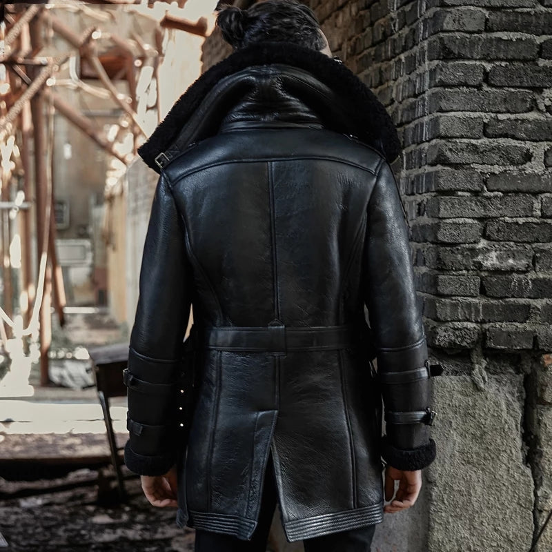 Men’s Black leather Shearling Double Collar Long Coat - Kualited