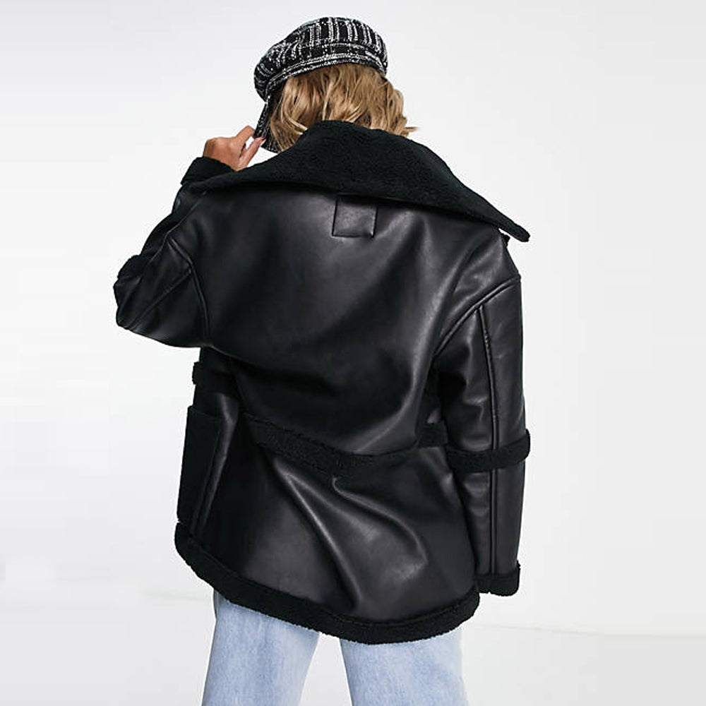 100% Handmade Real Genuine Leather shearling aviator jacket in black