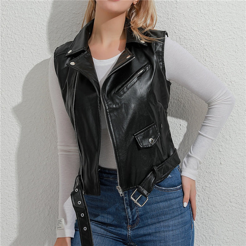 Leather Motorcycle Vest for Women Riding Club Black Biker Vests