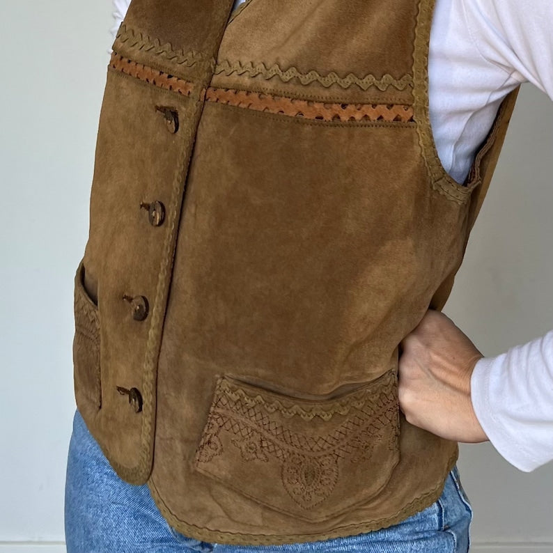 Vintage Woman Brown Leather Vest