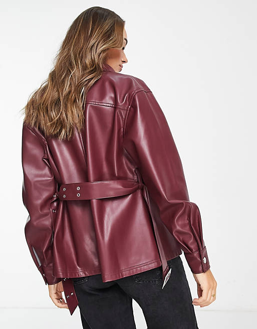 Genuine Pure leather belted shirt in berry