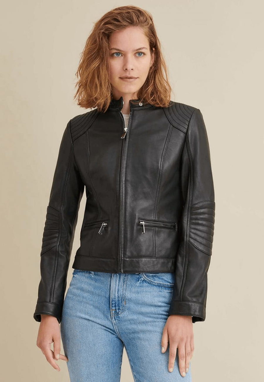 Women's Classic Black Sheepskin Leather Biker Jacket