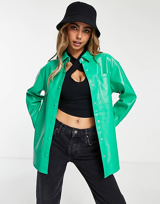 Handmade Genuine Crafted Leather oversized shirt in green