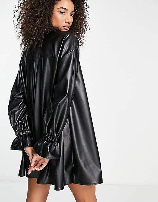 Leather look oversized shirt dress in black