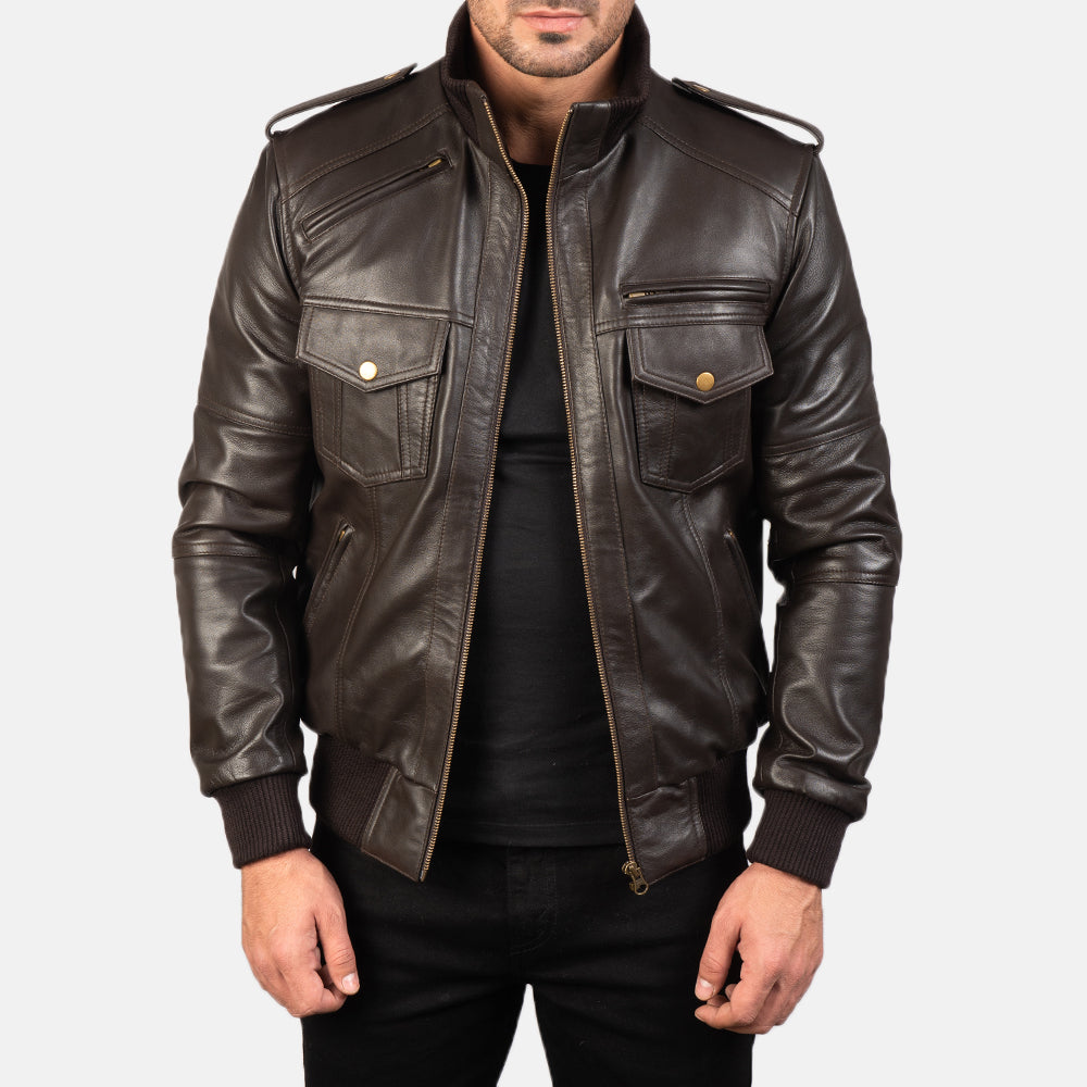 Agent Shadow Brown Leather Bomber Jacket - Kualited