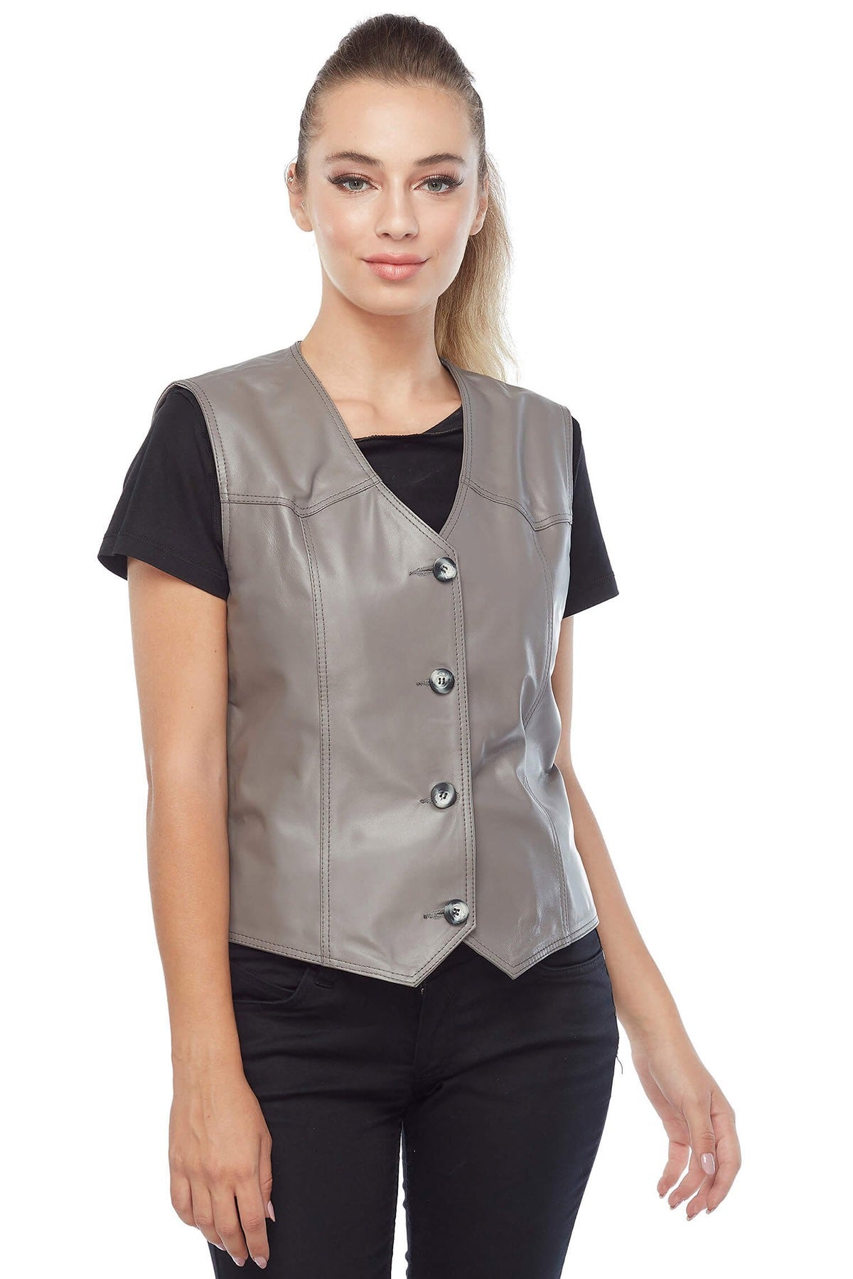 Womens Leather Vest Grey