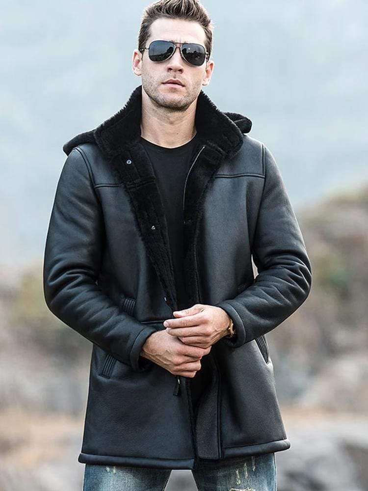 Men’s Black Shearling Hooded Long Coat - Kualited