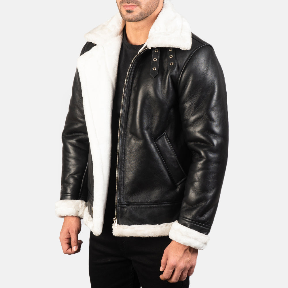 Francis B-3 Black & White Leather Bomber Jacket - Kualited