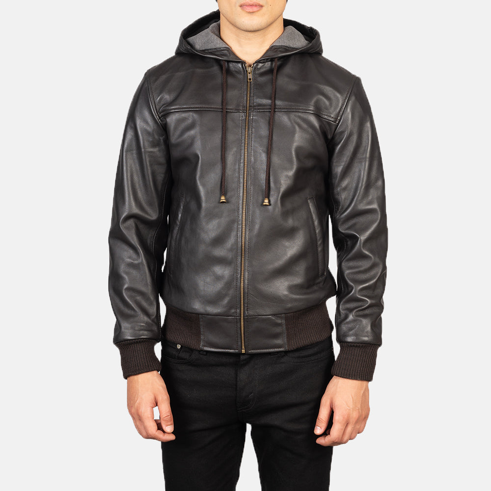 Nintenzo Brown Hooded Leather Bomber Jacket