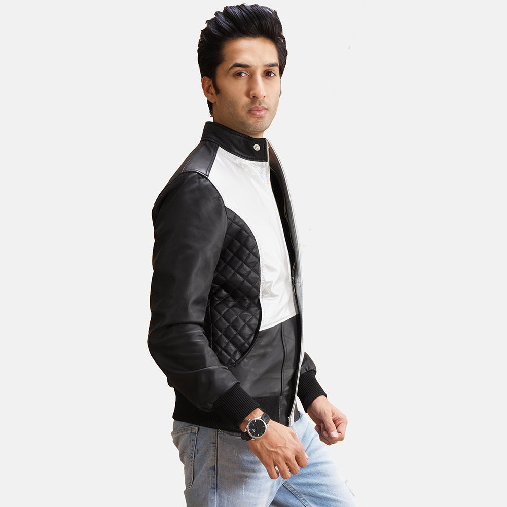 Spade Silver Black Leather Bomber Jacket - Kualited