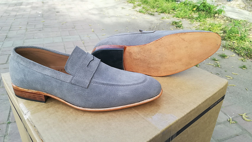 Handmade Men's Gray Suede Penny Loafers, Men Designer Dress Fashion Shoes