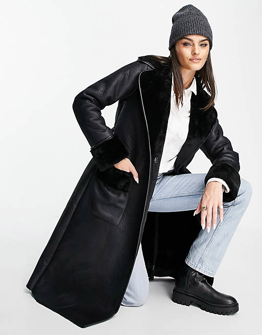 River Island Real Leather shearling belted coat in black