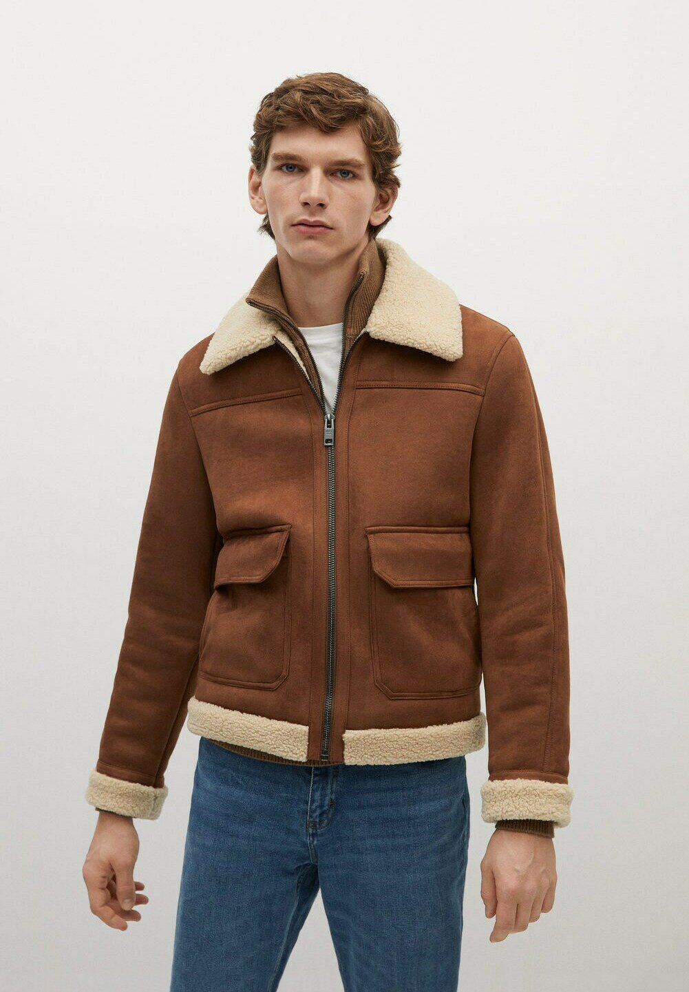 Men’s Aviator Tan Brown Leather Shearling Jacket - Kualited