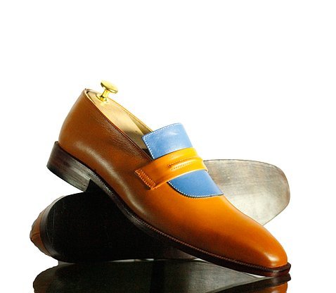 Handmade Men's Tan Blue Leather Penny Loafer Shoes, Men Dress Fashion Shoes