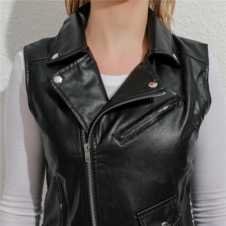 Leather Motorcycle Vest for Women Riding Club Black Biker Vests