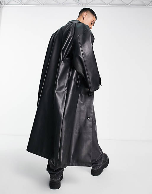 EXTREME OVERSIZED FAUX LEATHER LONGLINE OVERCOAT IN BLACK