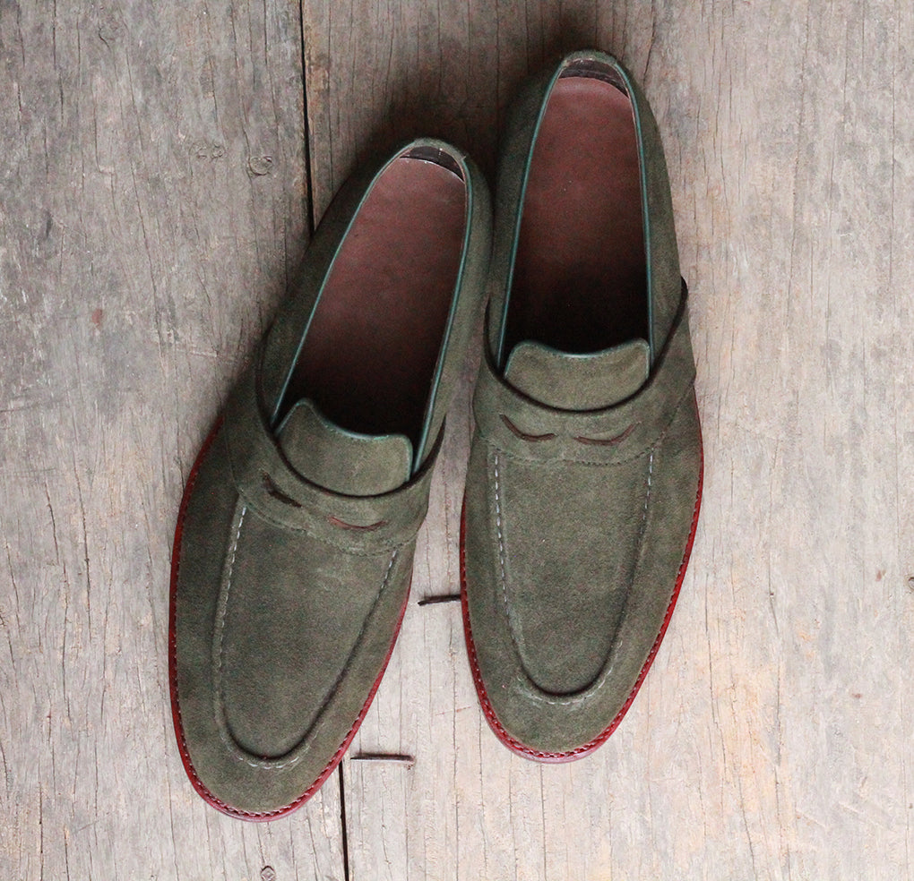 Handmade Men's Green Suede Penny Loafer Shoes, Men Designer Formal Party Shoes