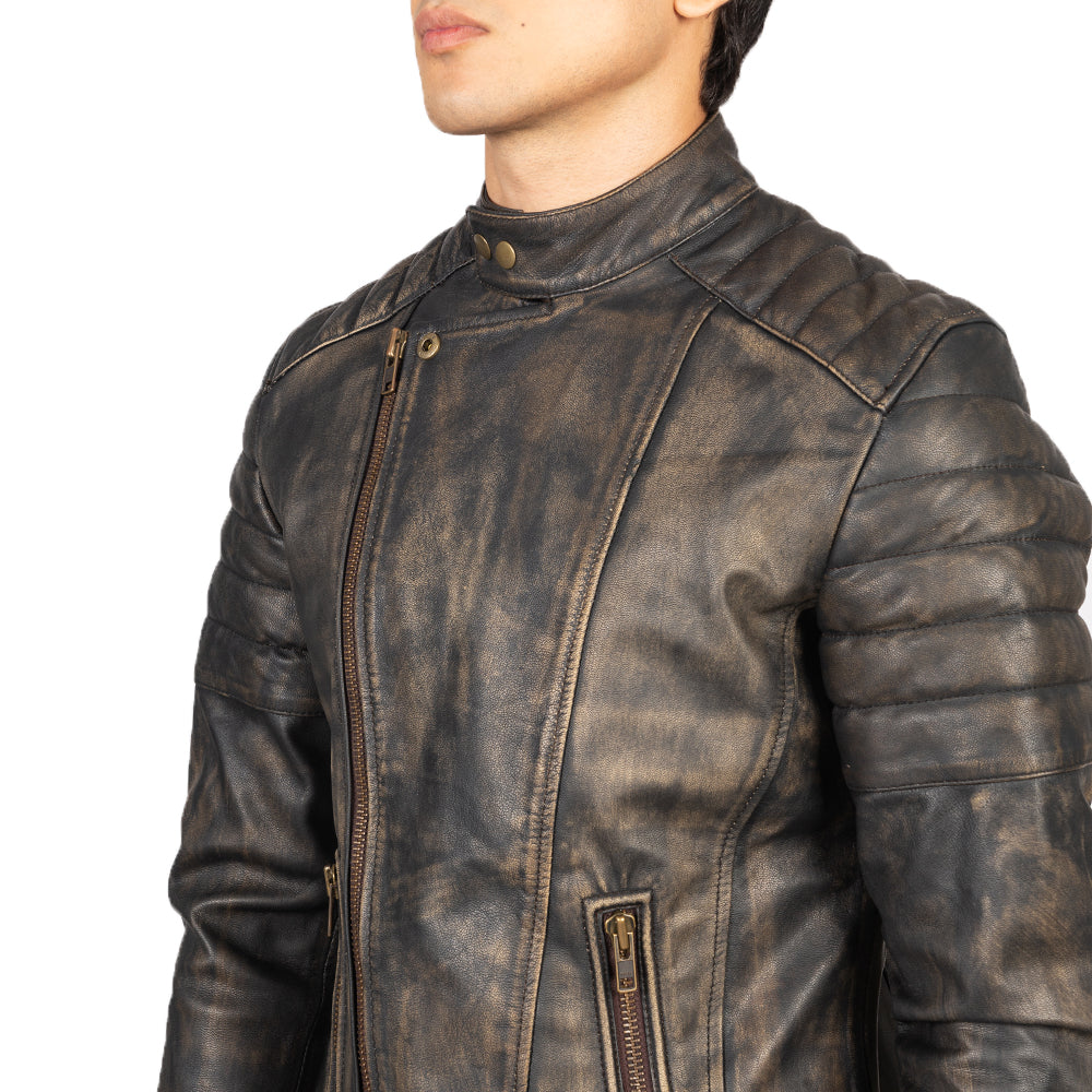 Faisor Distressed Brown Leather Biker Jacket - Kualited