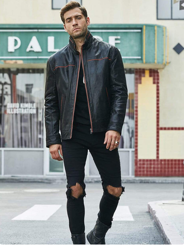 Men’s Black Leather Jacket With Red Stripes - Kualited