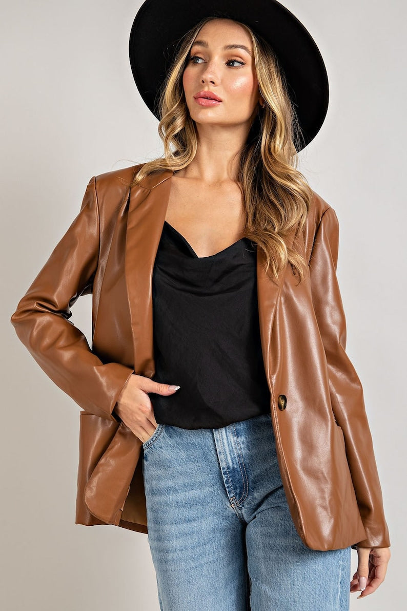 Women Brown Leather Blazer