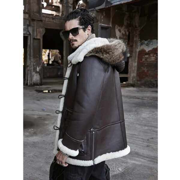 Men’s Black Leather White Shearling Removable Hooded Long Coat - Kualited