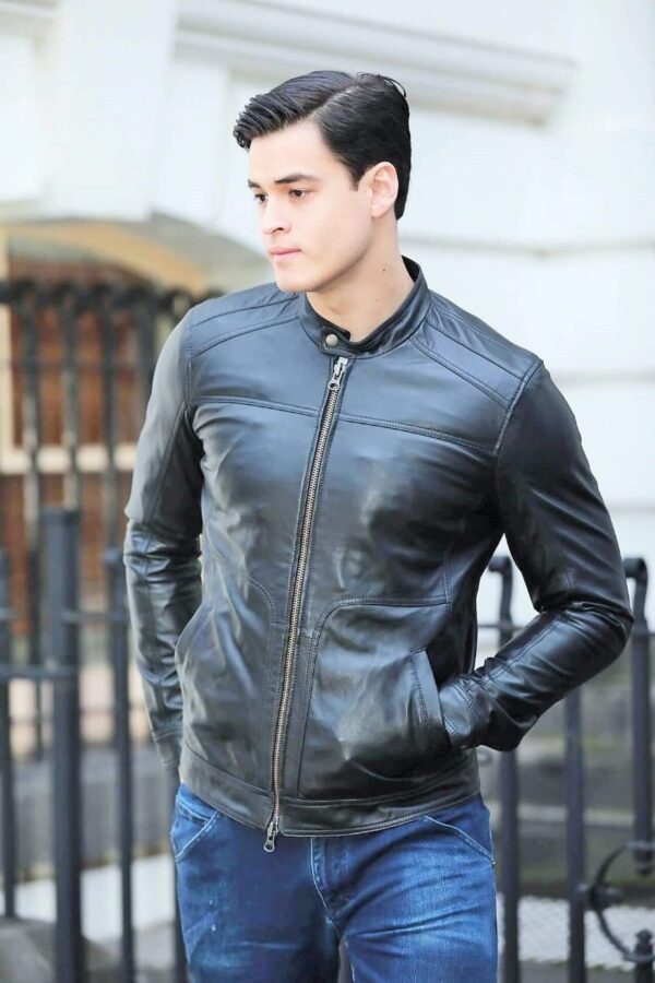 Men’s Black Leather Jacket Crew Neck - Kualited