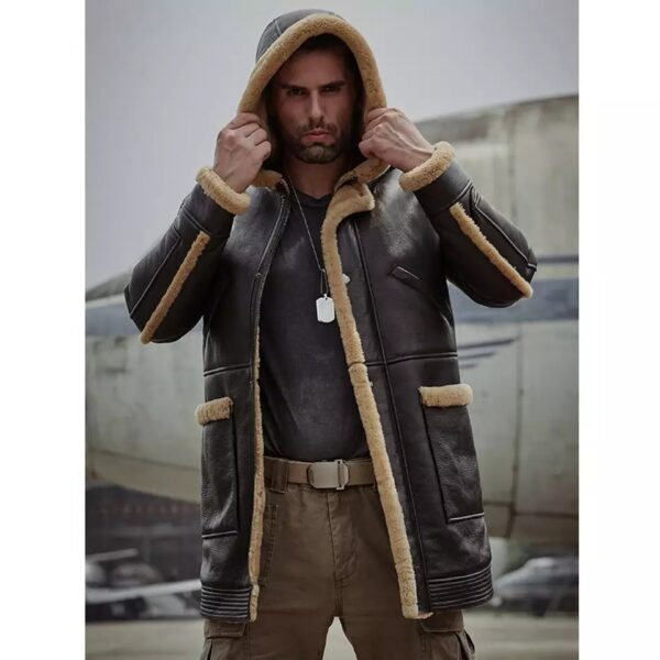 Men’s Dark Brown Leather Shearling Hooded Long Coat - Kualited