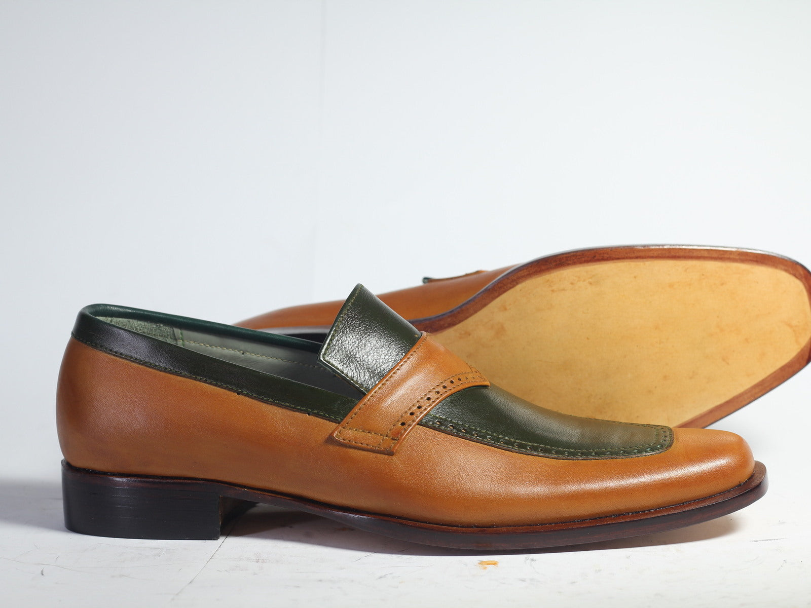 Handmade Men's Green Tan Leather Penny Loafers, Men Designer Dress Fashion Shoes