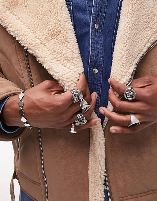 Topman faux shearling biker jacket in tan