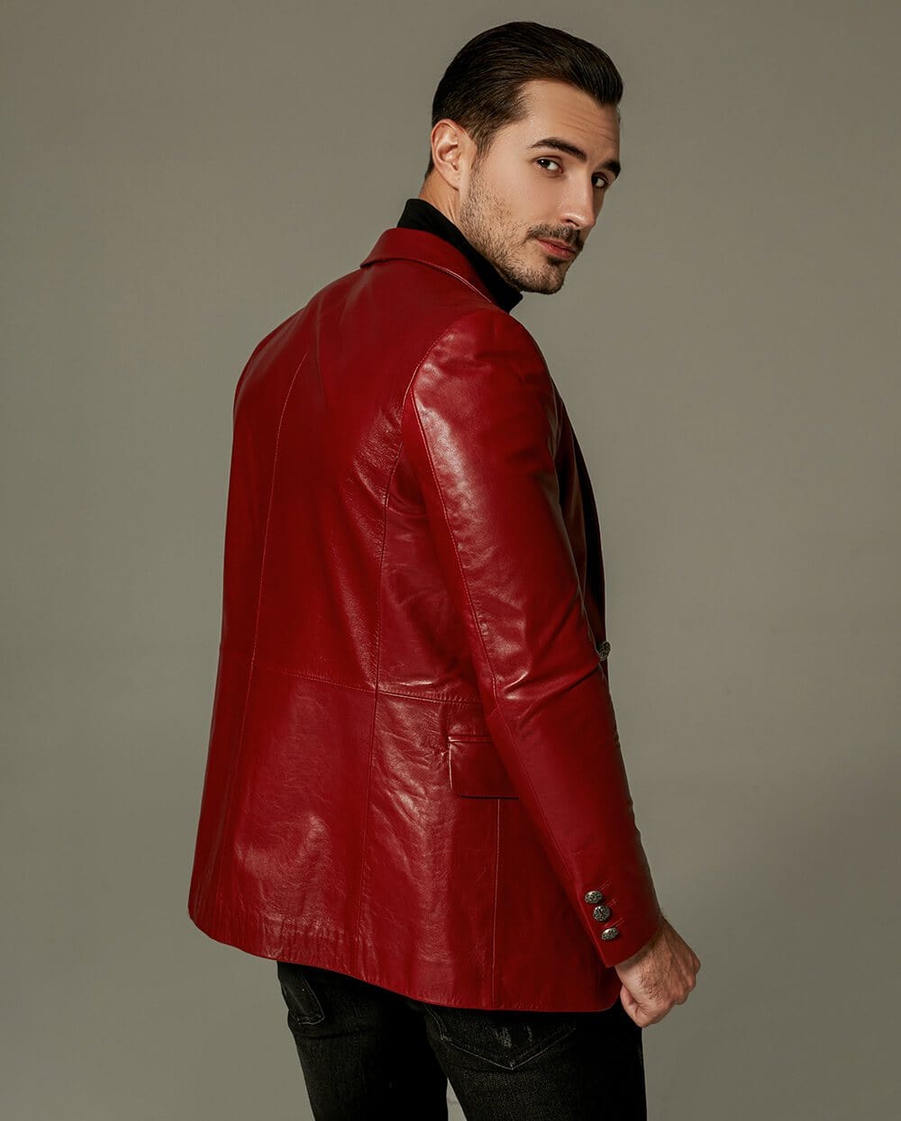 Classic Red Buttoned Goatskin Blazer Leather Jacket