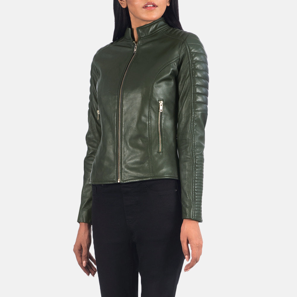 Adalyn Quilted Green Leather Biker Jacket