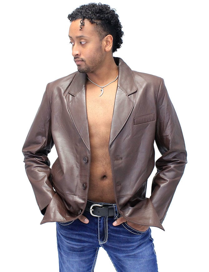 Men's Chocolate Brown Button Lambskin Leather Blazer