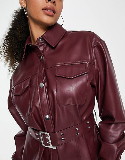 Tall Handmade Genuine Crafted Leather belted shirt in berry