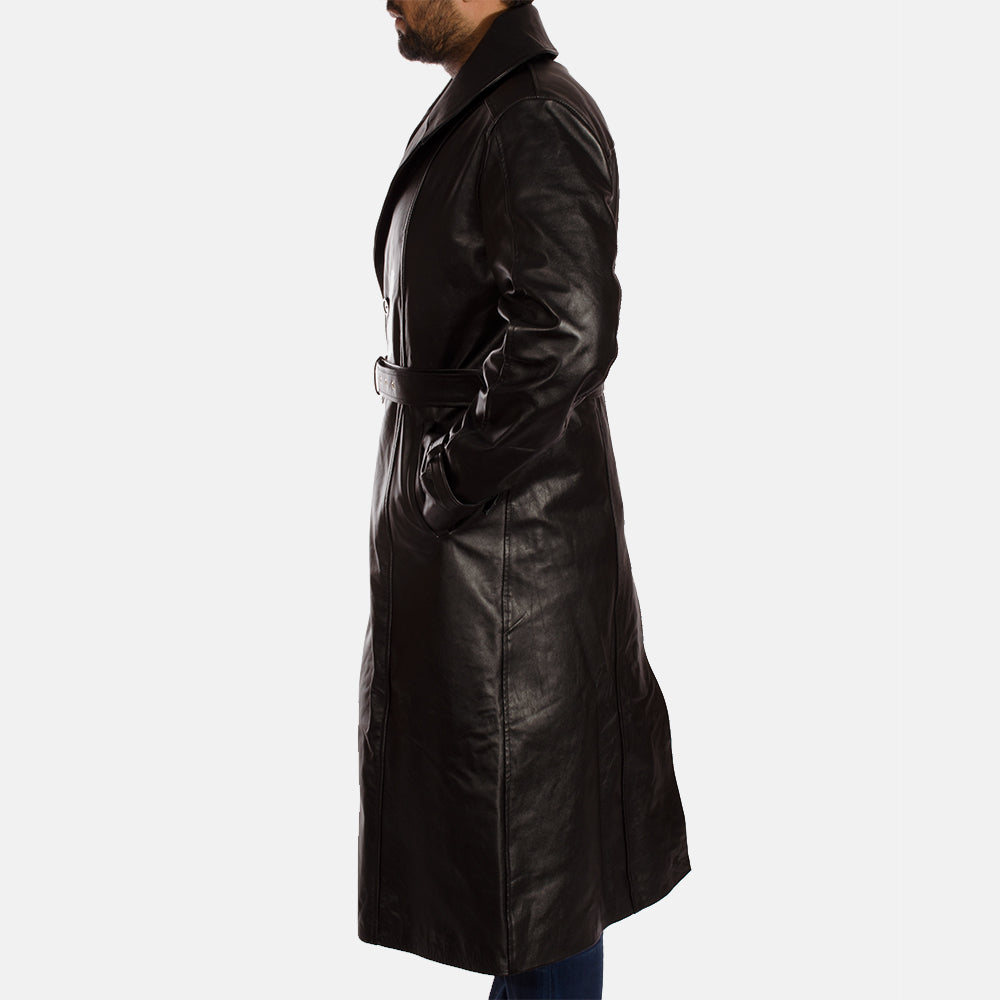 Hooligan Black Leather Trench Coat