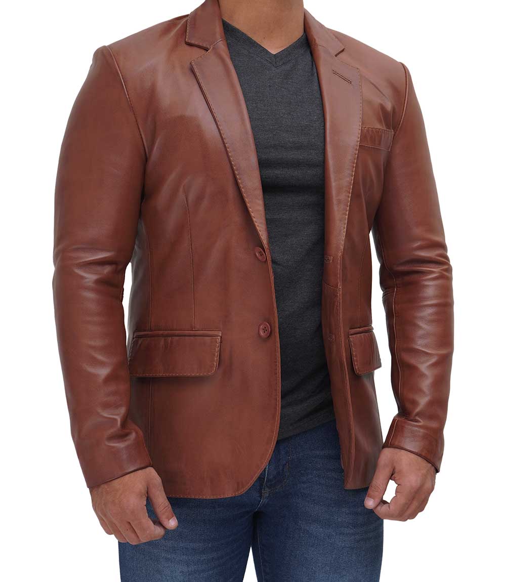 Men’s Real Lambskin Leather Two Buttons Tan Blazer