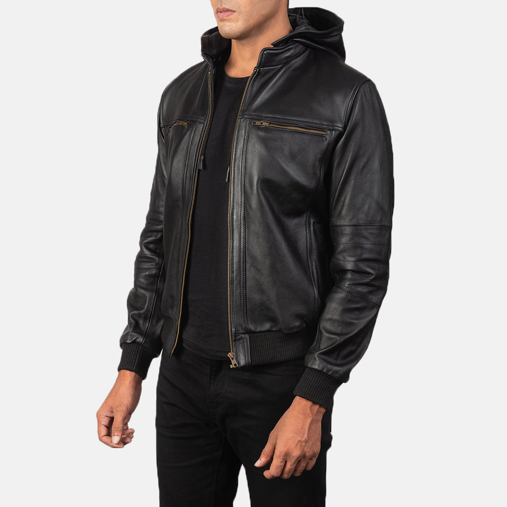 Bouncer Biz Black Leather Bomber Jacket - Kualited