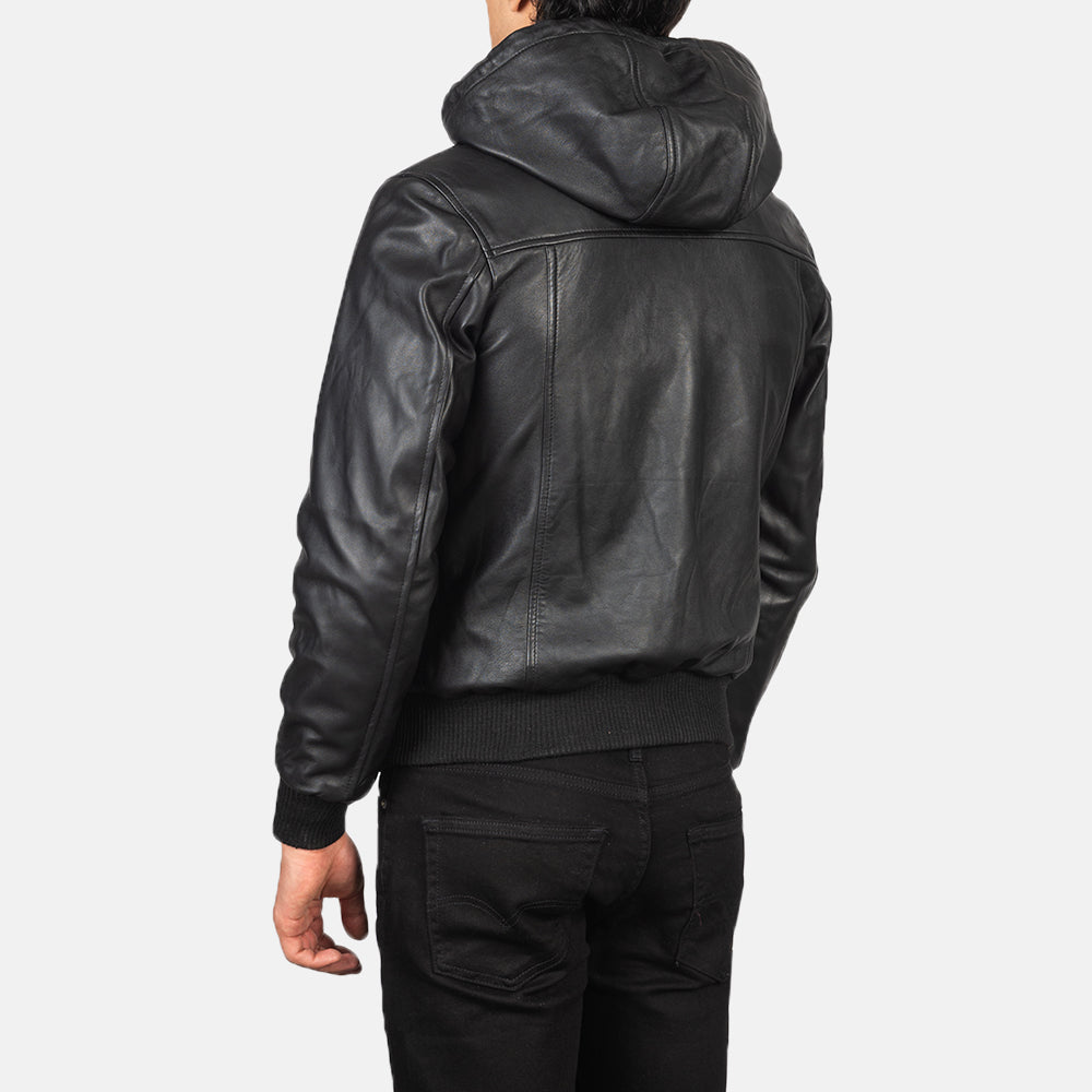 Nintenzo Black Hooded Leather Bomber Jacket - Kualited